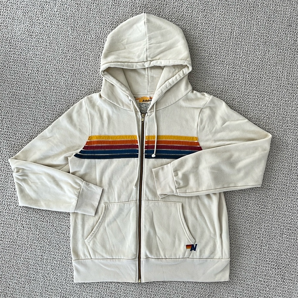 Aviator Nation, Size L, Vintage White 5 Stripe Hoodie